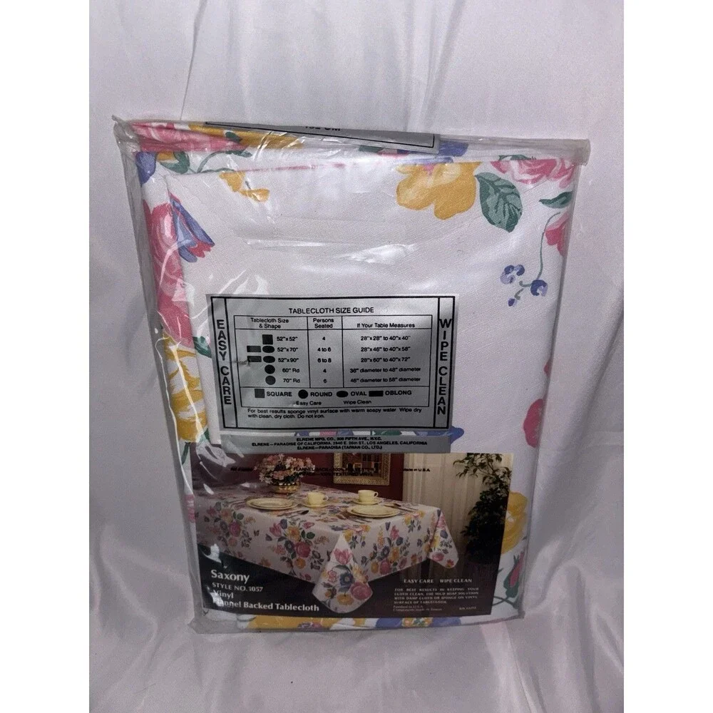 Saxony Vinyl Floral Round Tablecloth 60 in Flannel Backed Wipe Clean Vintage